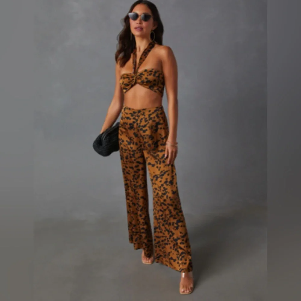 NWT Easy Tiger Animal Print Wide Leg Pant & Smocked Halter Bra Top - Picture 2 of 7